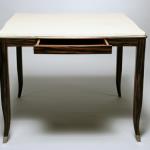 Rebecca Game Table, with Drawer.
Goatskin, Gold leaf, and Macassar
36” Square x 29.5” High
Available in Custom Sizes & Finishes
<A  HREF="http://www.imambience.com/Rebecca_card_Table.pdf"><b>Click here</b> </A>to view and download tearsheet.